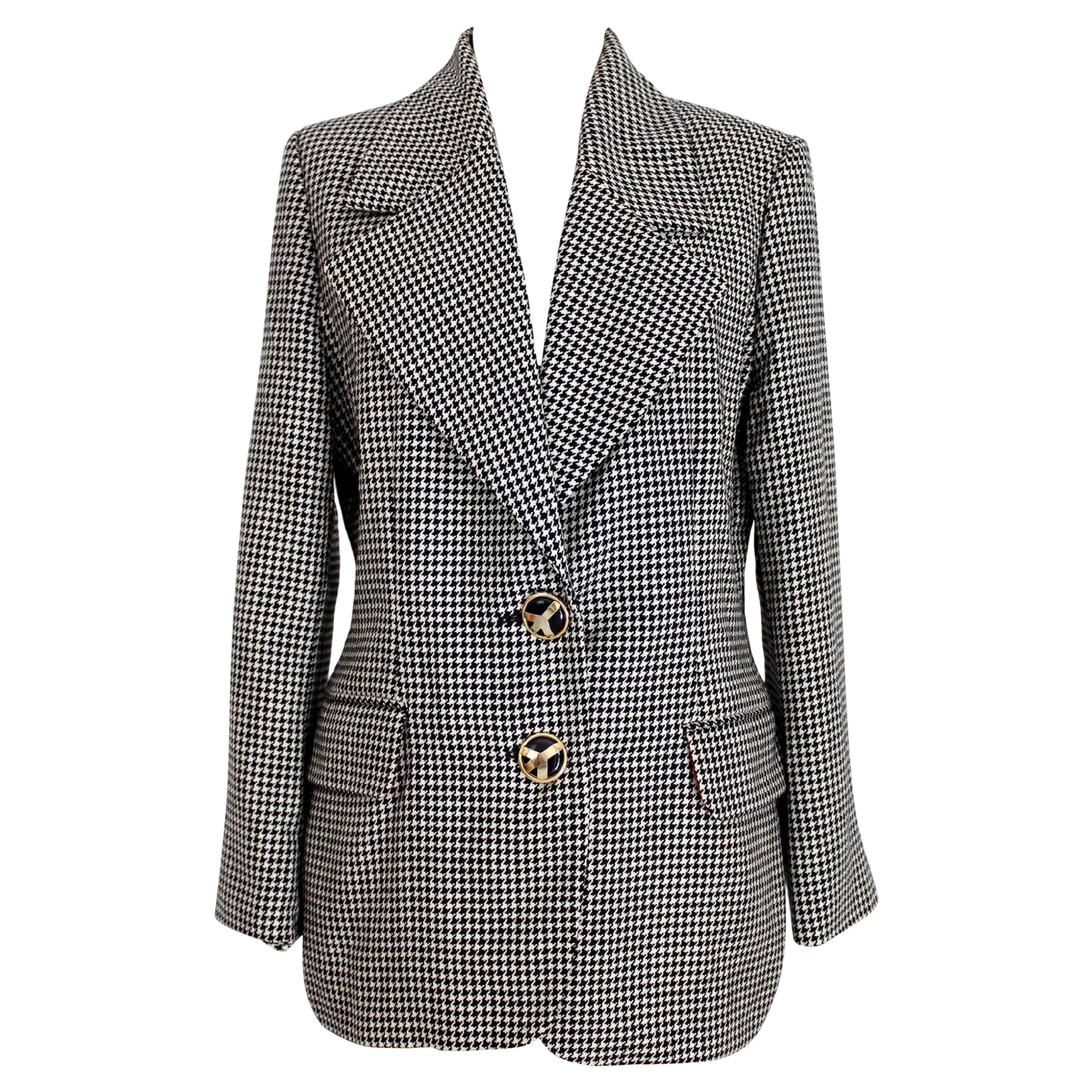 1990s Moschino Black and White Pied de Poule Houndstooth Wool Jacket