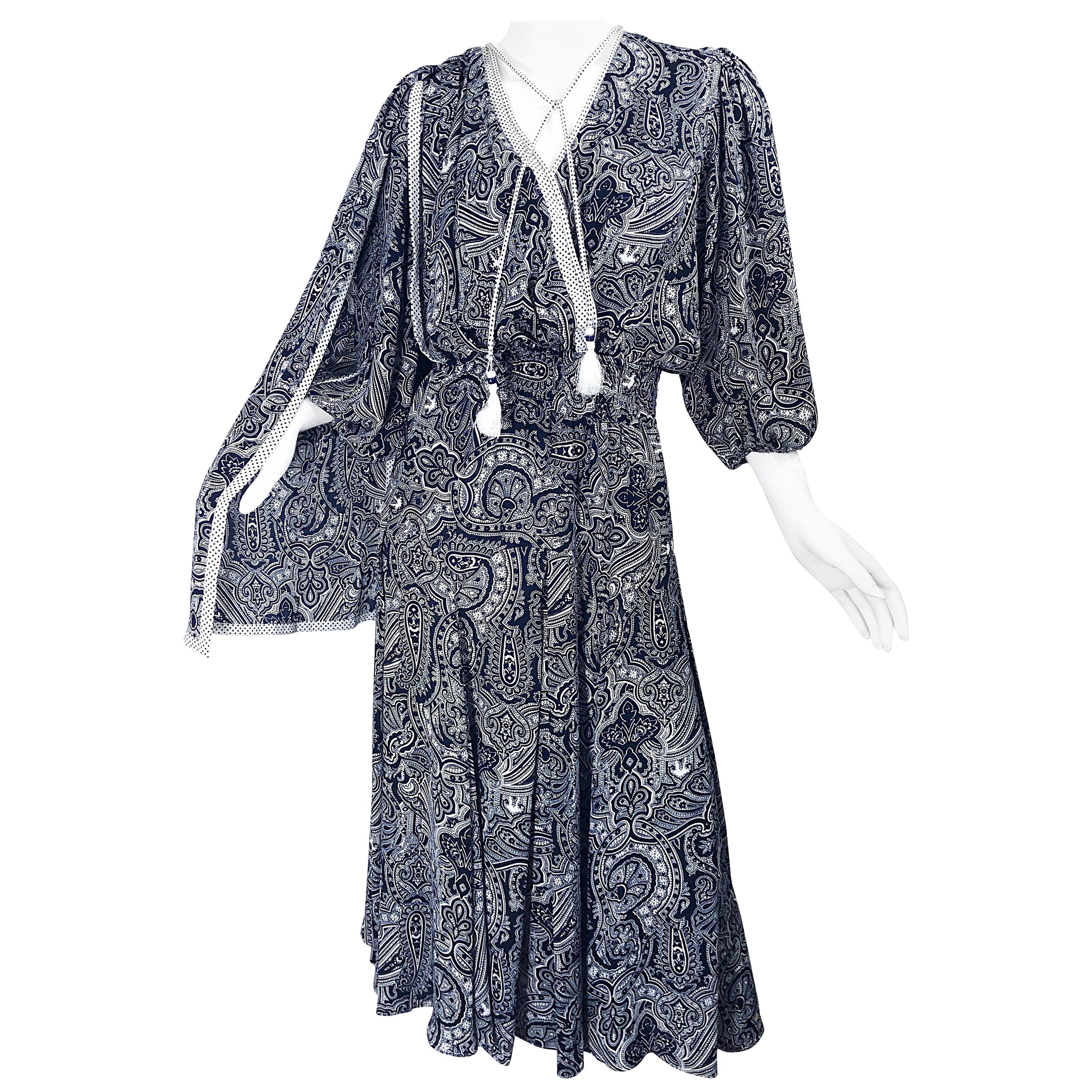 Diane Fres Vintage Navy Blue + White Paisley Bandanna Print Boho Sash Dress