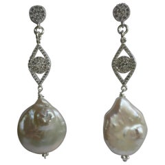 White Keshi Cultured Pearl, Cubic Zirconia, 925 Sterling Silver Post Earrings