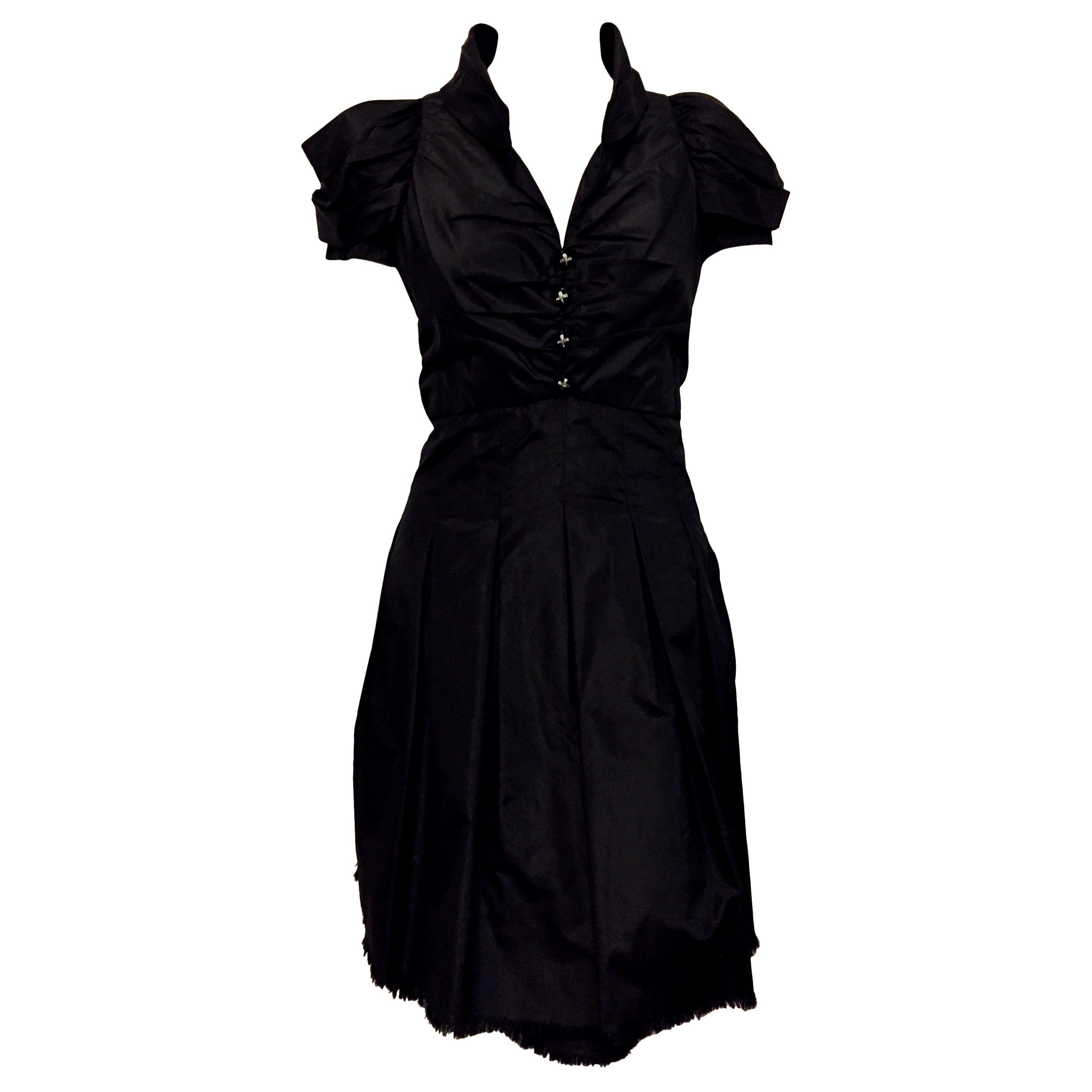 Chanel Black Silk Short Sleeve Dress Ruched Front with Four Chanel Buttons 40 For Sale