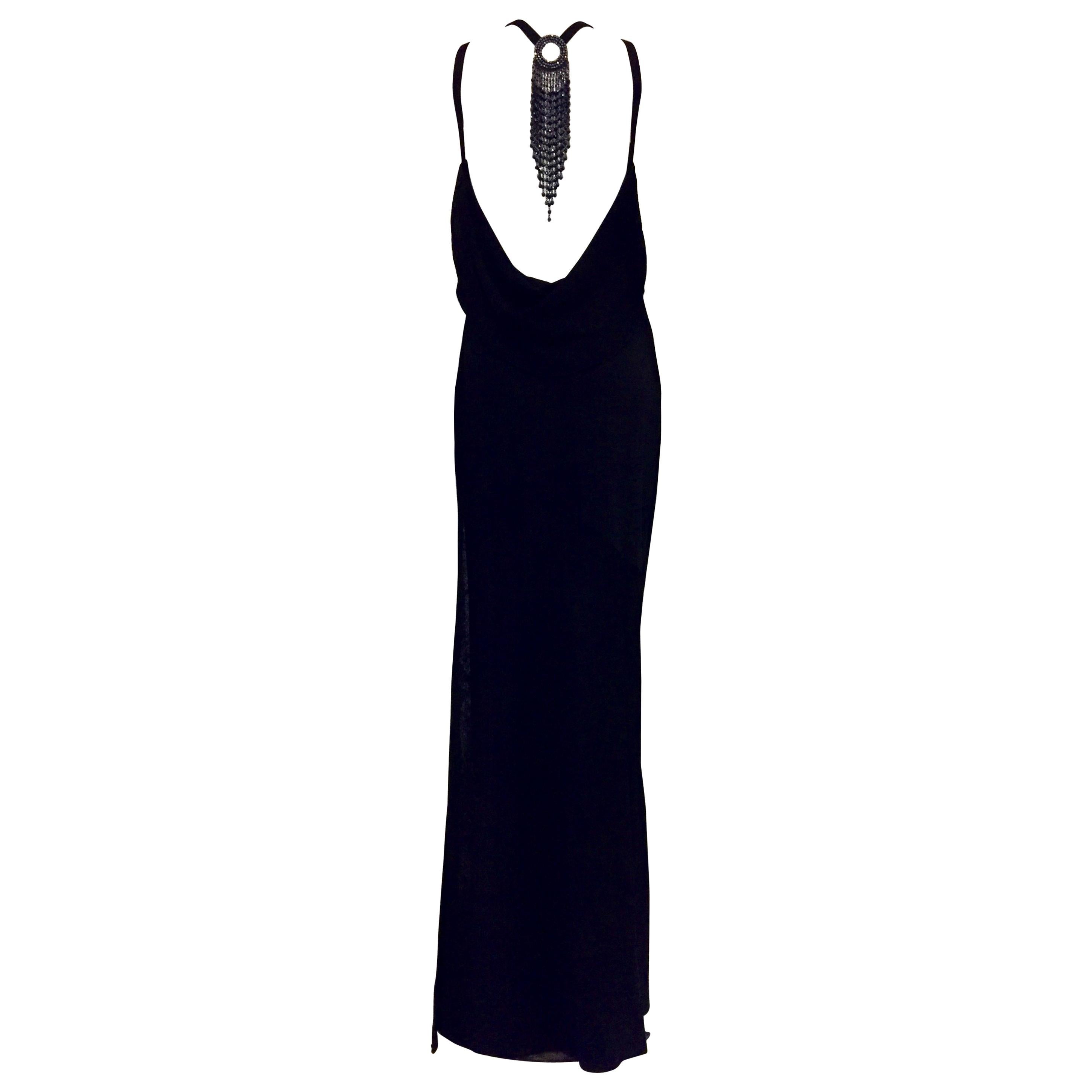 St. John Evening Black Backless Halter Dress w. Black Multifaceted Beads For Sale