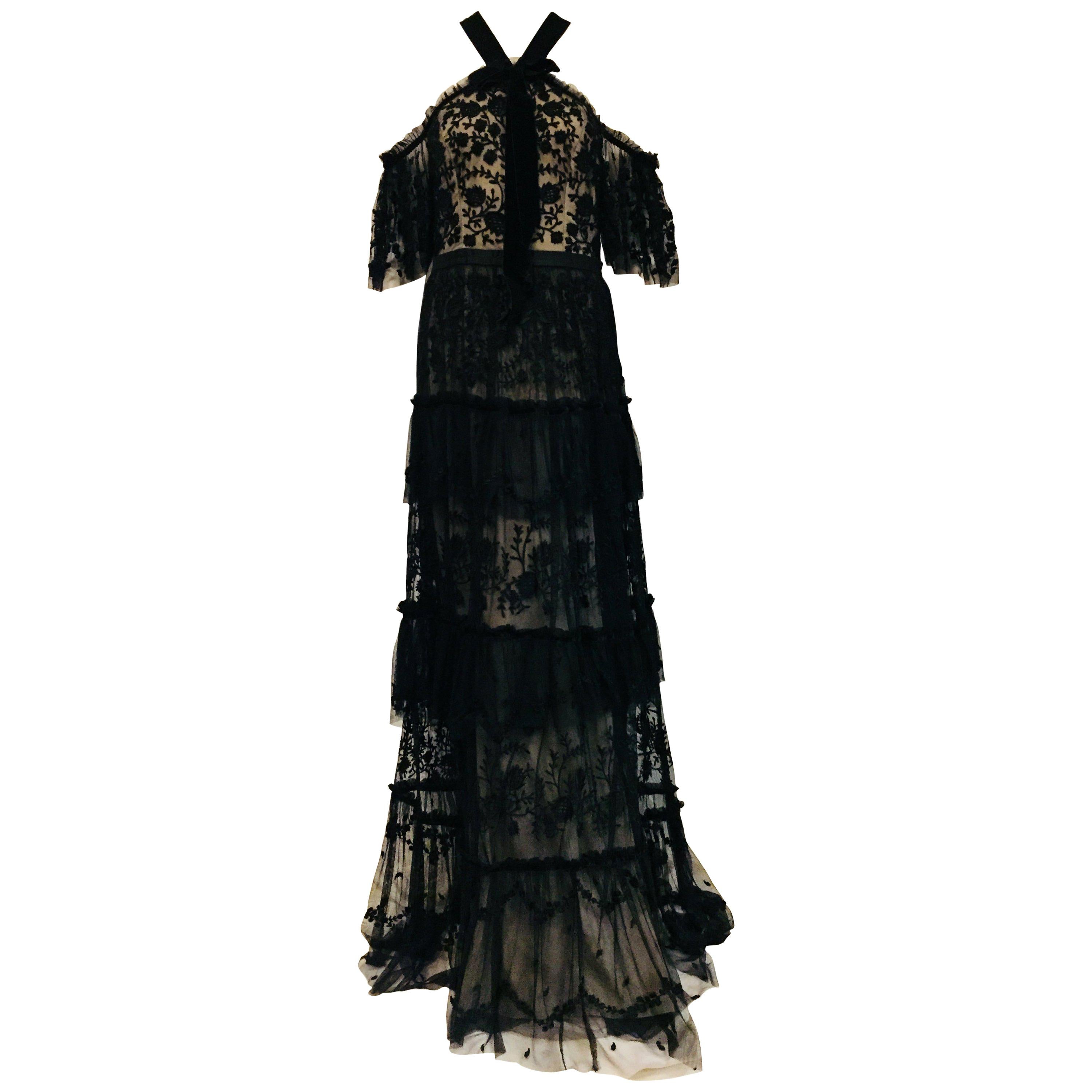 Noticeable Needle & Thread Black Tulle Andromeda Galaxy Embroided Gown For Sale