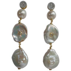 Cultured White Keshi Pearls & Pearls Cubic Zirconia 925 Vermeil Post Earrings