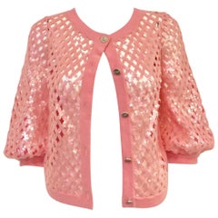 2008 Chanel Pink Lattice Woven Cashmere Cardigan With Sequins Allover