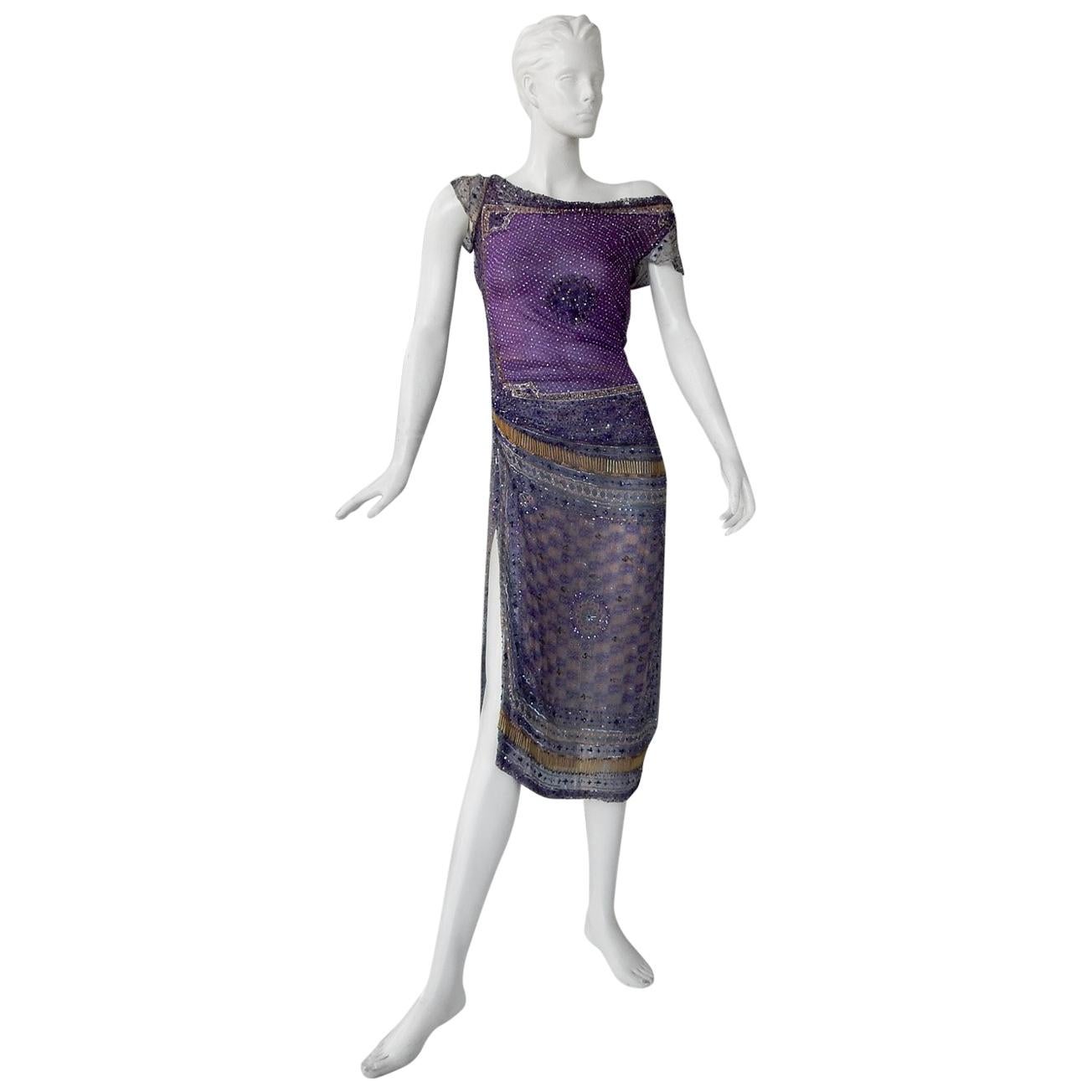  Valentino Hand Beaded Sari Silk Asymmetrical Evening Dress For Sale