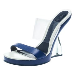 Alexander McQueen Blue Leather and PVC Bold Plexi Heel Open Toe Wedge Sandals Si