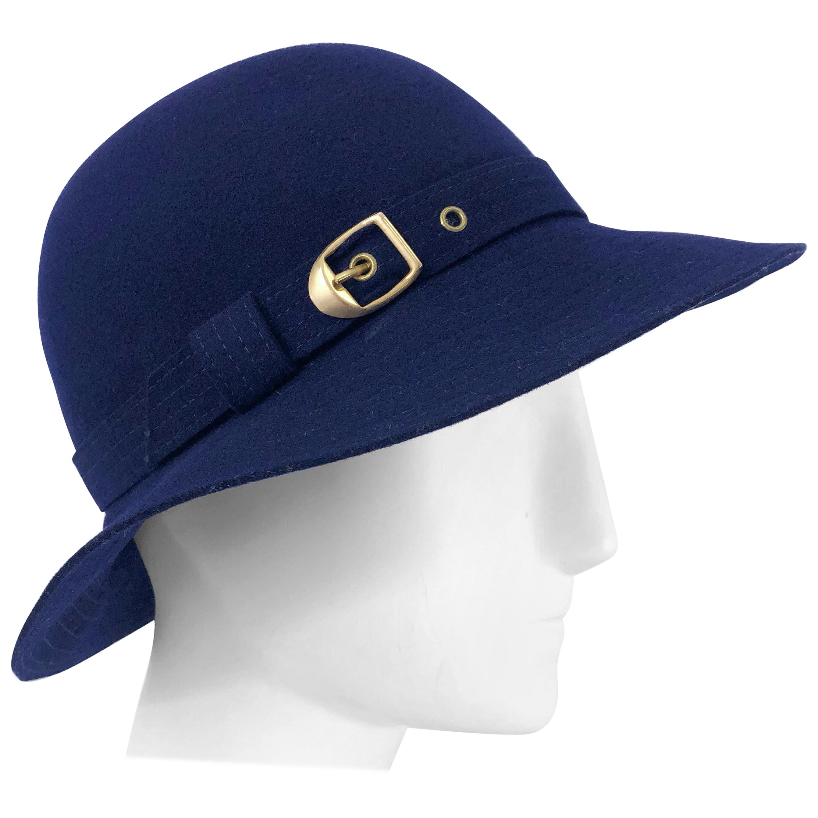 Chic 1970s Halston Navy Blue Wool Gold Buckle Vintage 70s Hat
