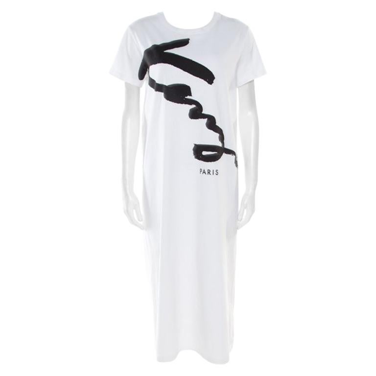 Kenzo White Cotton Signature Print Midi Dress M