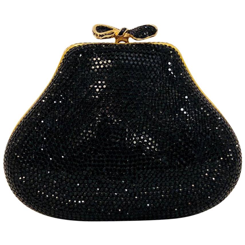 Jeweled Judith Leiber Black Swarovski Crystal Minaudiere with Gold Tone Hardware