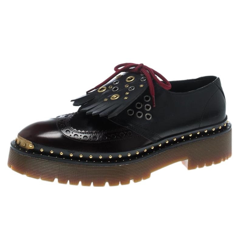 Burberry Two Tone Brogue Leather Bissett Fringe Detail Lace Up Platform Derby Si