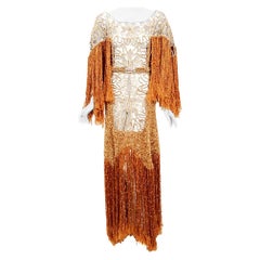 Vintage 1970's Couture Copper Knit & Beige Lace Bias-Cut Fringe Bohemian Gown