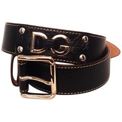 Dolce & Gabbana Black Pebbled Leather Belt  Logo on Belt and Silver Tone Buckle 