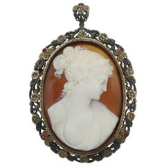 Antique Early 1900's Cameo 14K Gold & Ruby Pendant Brooch