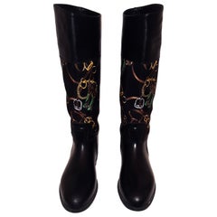 Ralph Lauren Black Riding Boots with Equestrian Theme Fabric Inserts
