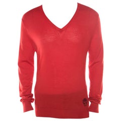 Alexander McQueen Red Cashmere Jacquard Skull Detail V Neck Sweater L