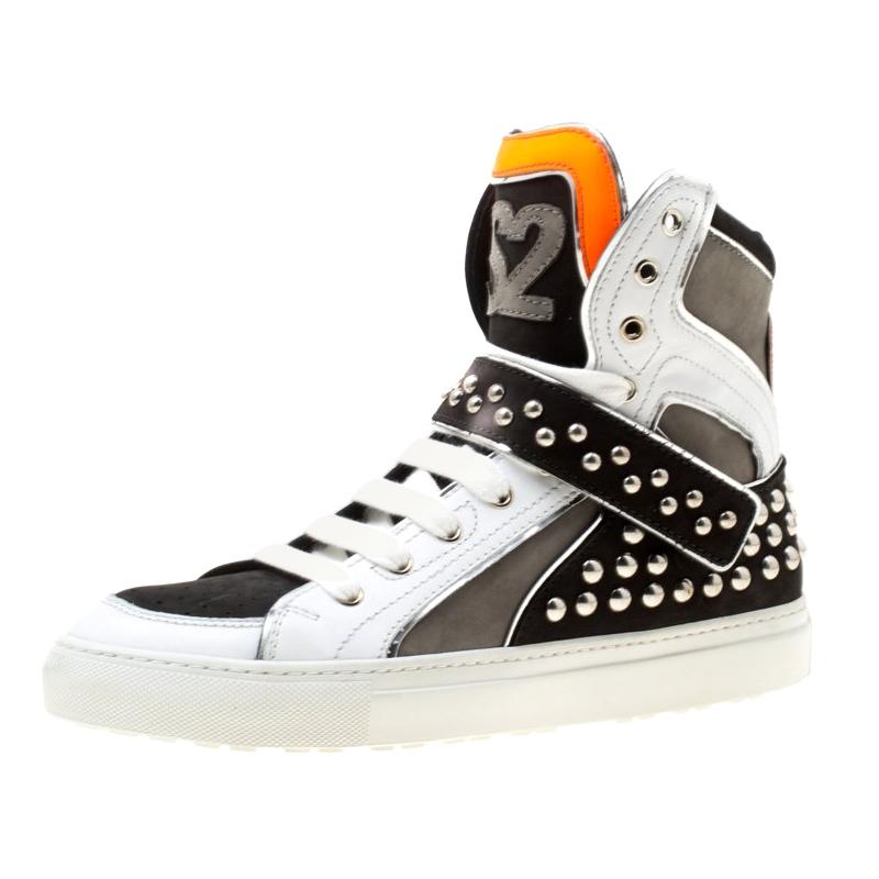 Dsquared2 Tricolor Leather And Suede Studded High Top Sneakers Size 42