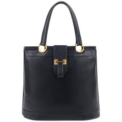 Vintage HERMES c.1973 "Berry" Navy Blue Box Calf Leather Double Top Handle Tote Handbag