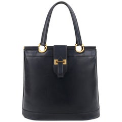 Used HERMES c.1973 "Berry" Navy Blue Box Calf Leather Double Top Handle Tote Handbag 