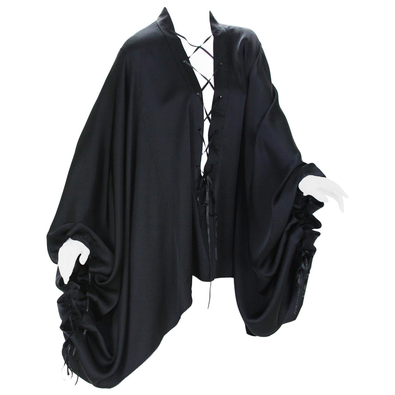 Very Rare Tom Ford for Gucci F/W 2002 Silk Black Lace-Up Kimono Top 