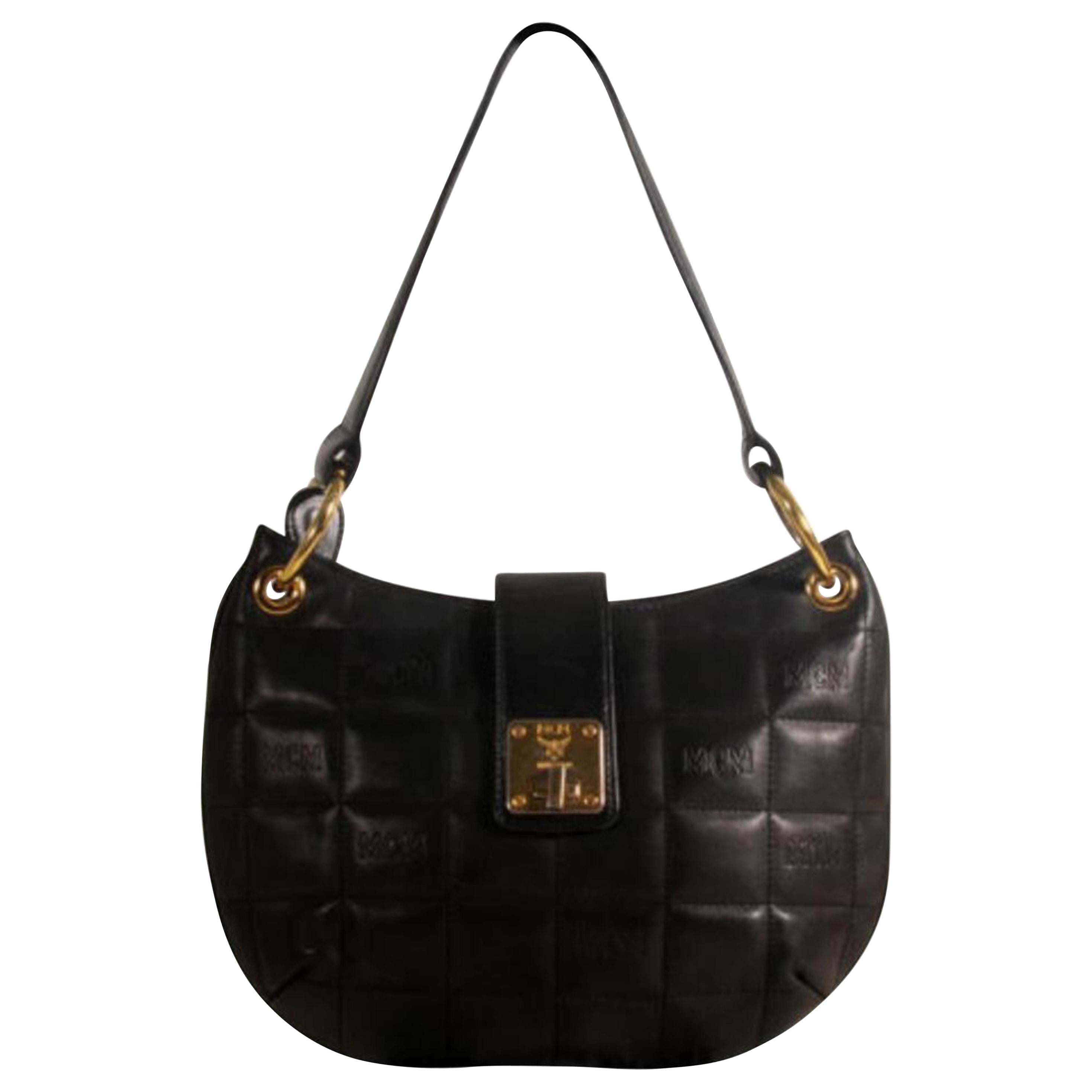 MCM Quilted Hobo 868823 Black Leather Shoulder Bag For Sale