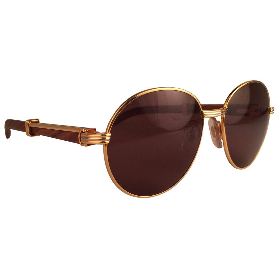 Nouveau Cartier Bagatelle rond en or & Palissandre précieux 55mm lentille marron