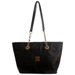 Used MCM Monogram Visetos Chain Shopper Tote 868505 Black Nylon Shoulder Bag