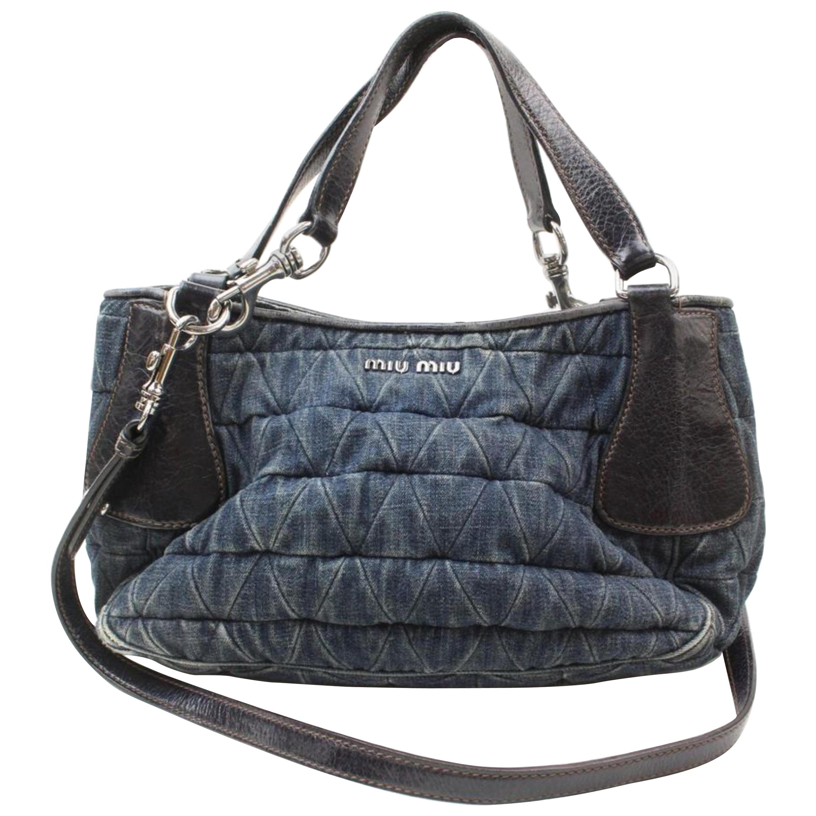 Miu Miu Quilted 2way Hobo 868525 Blue Denim Messenger Bag For Sale
