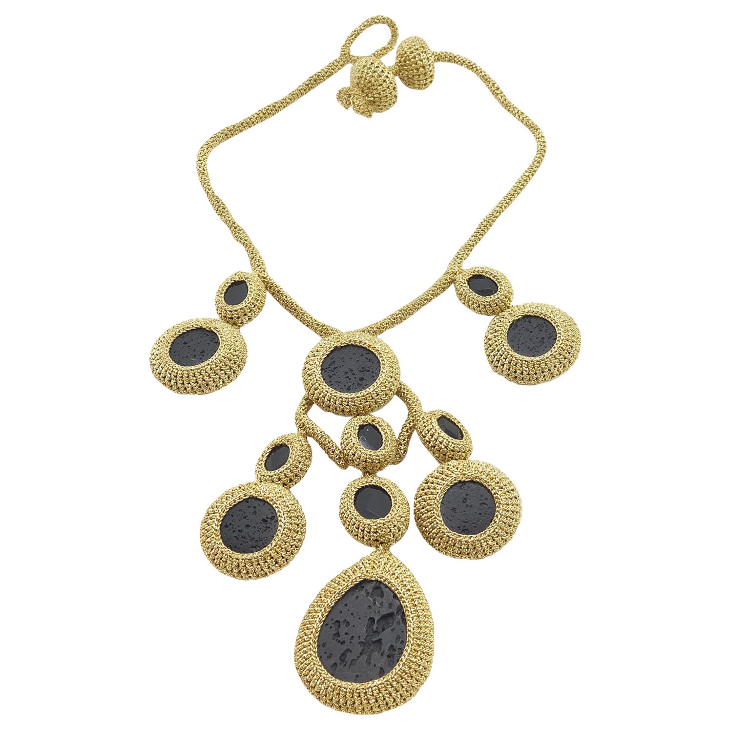 Gold Color Black Natural Lava Stone Artisan Contemporary Unique Fashion Necklace For Sale