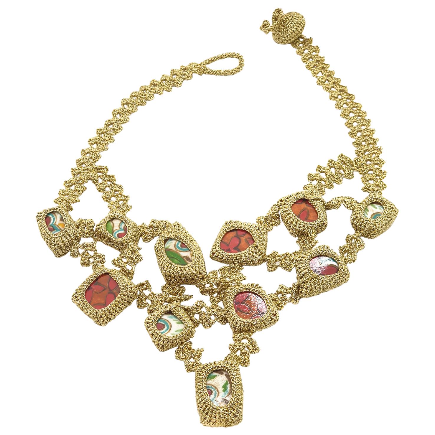 Gold Color Thread Red  Porcelain Japanese Art Contemporary Statement Necklace For Sale