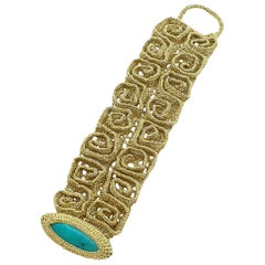 Gold Color Thread Turquoise Egyptian Style Contemporary Crochet Modern Bracelet