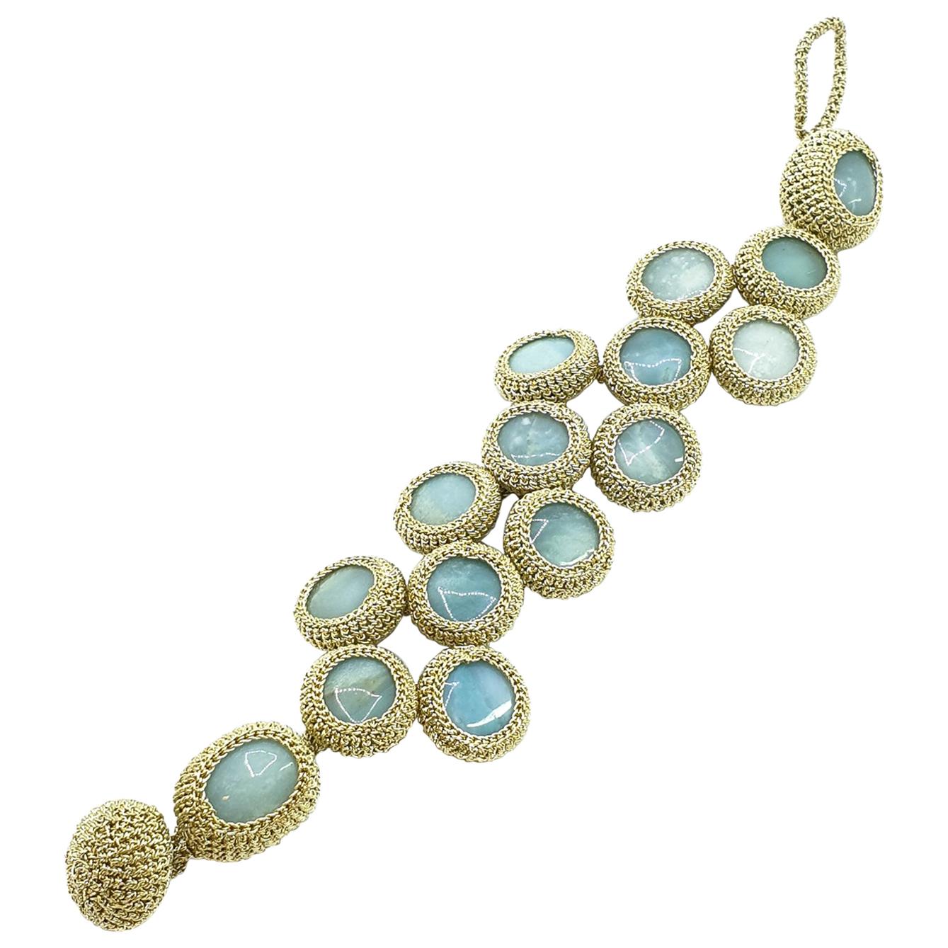 Gold Color Thread Blue Amazonite Contemporary Jewelry Crochet  Bracelet  For Sale