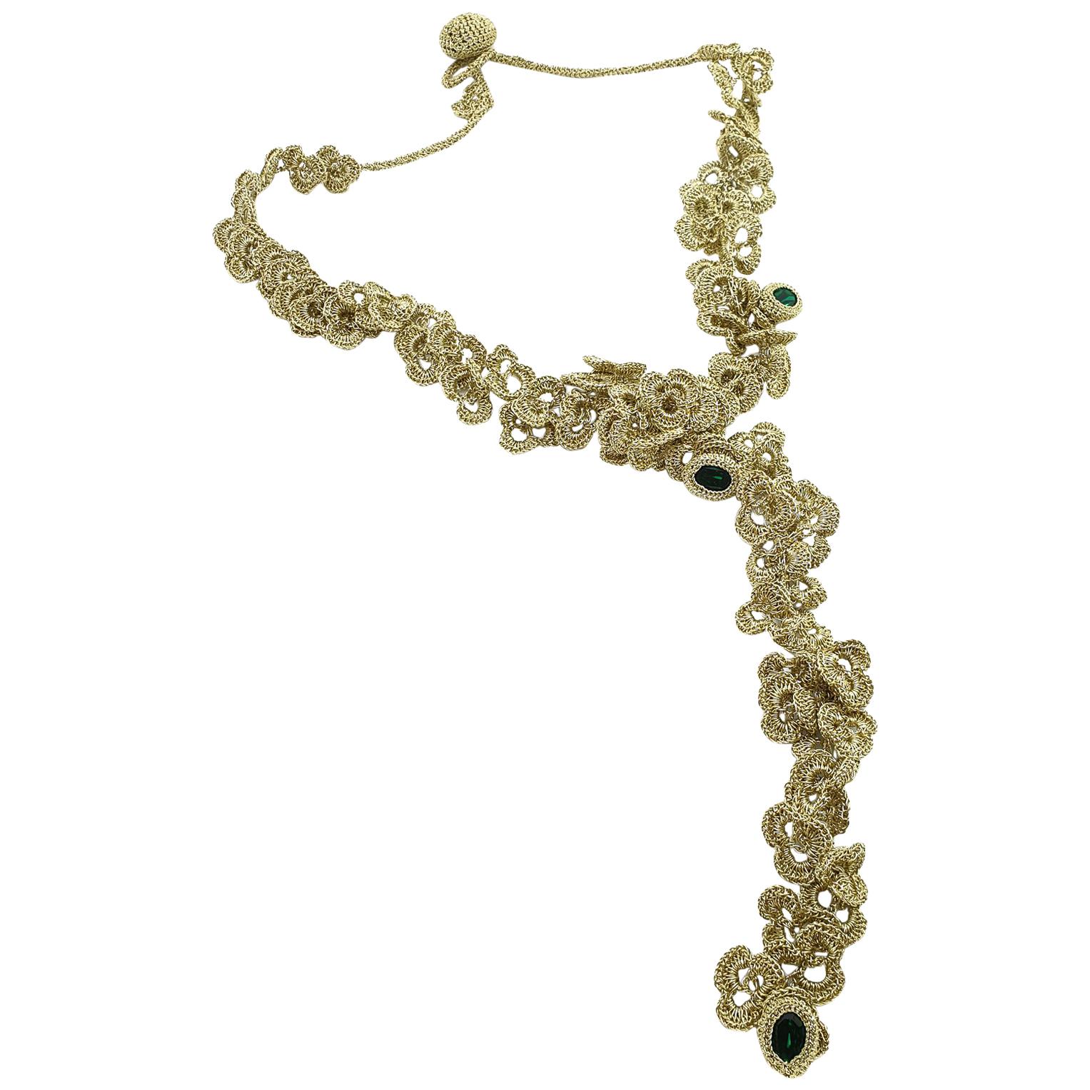 Gold Color Thread Emerald Swarovski Crystals Art Nouveau Style Fashion Necklace For Sale