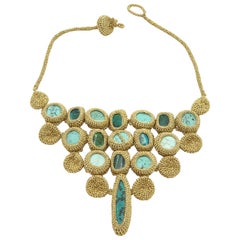 Gold Color Thread Turquoise Green Blue Natural Stones Art Deco Fashion Necklace