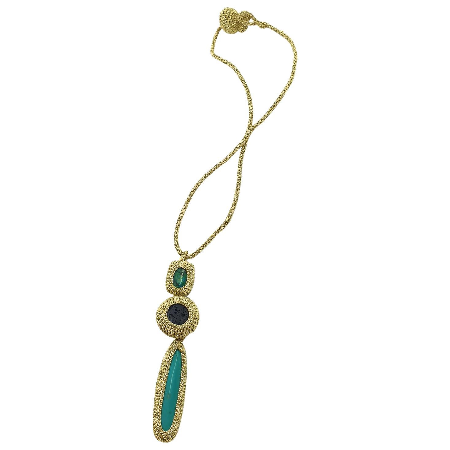 Gold color Thread Turquoise  Lava Contemporary Curated Minimalist Style Necklace For Sale