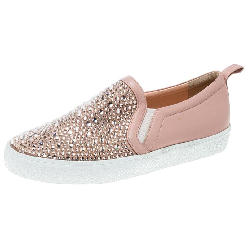 Gina Pink Leather and Crystal Satin Gioia Slip On Skate Sneakers Size ...