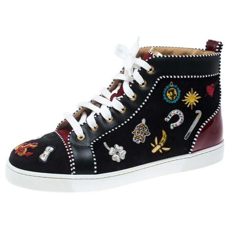 Christian Louboutin Black/Maroon Hand Embroidered High Top Sneakers ...