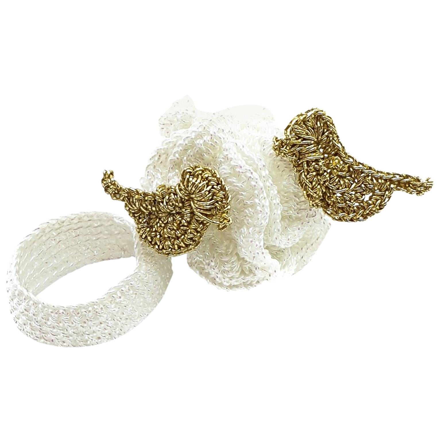White and Gold Color Birds Wearable Art Contemporary One Of A Kind Crochet  Ring For Sale