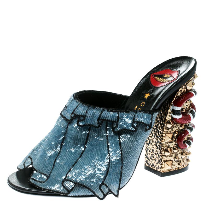 Gucci Blue Sequin Ruffle Trompe L'Oeil Block Heel Mule Sandals Size 38