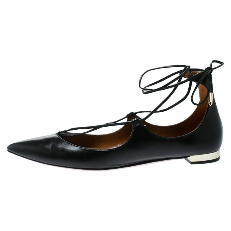 Aquazzura Black Leather Christy Lace Up Pointed Toe Flats Size 38 For Sale At 1stdibs
