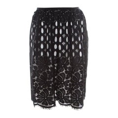 Lanvin Black Floral Cutout Lace Scalloped Bottom Gathered Skirt M