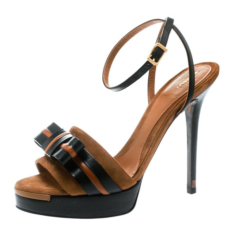 Fendi Brown Suede and Leather Bow Detail Platform Sandals Size 36.5 For ...