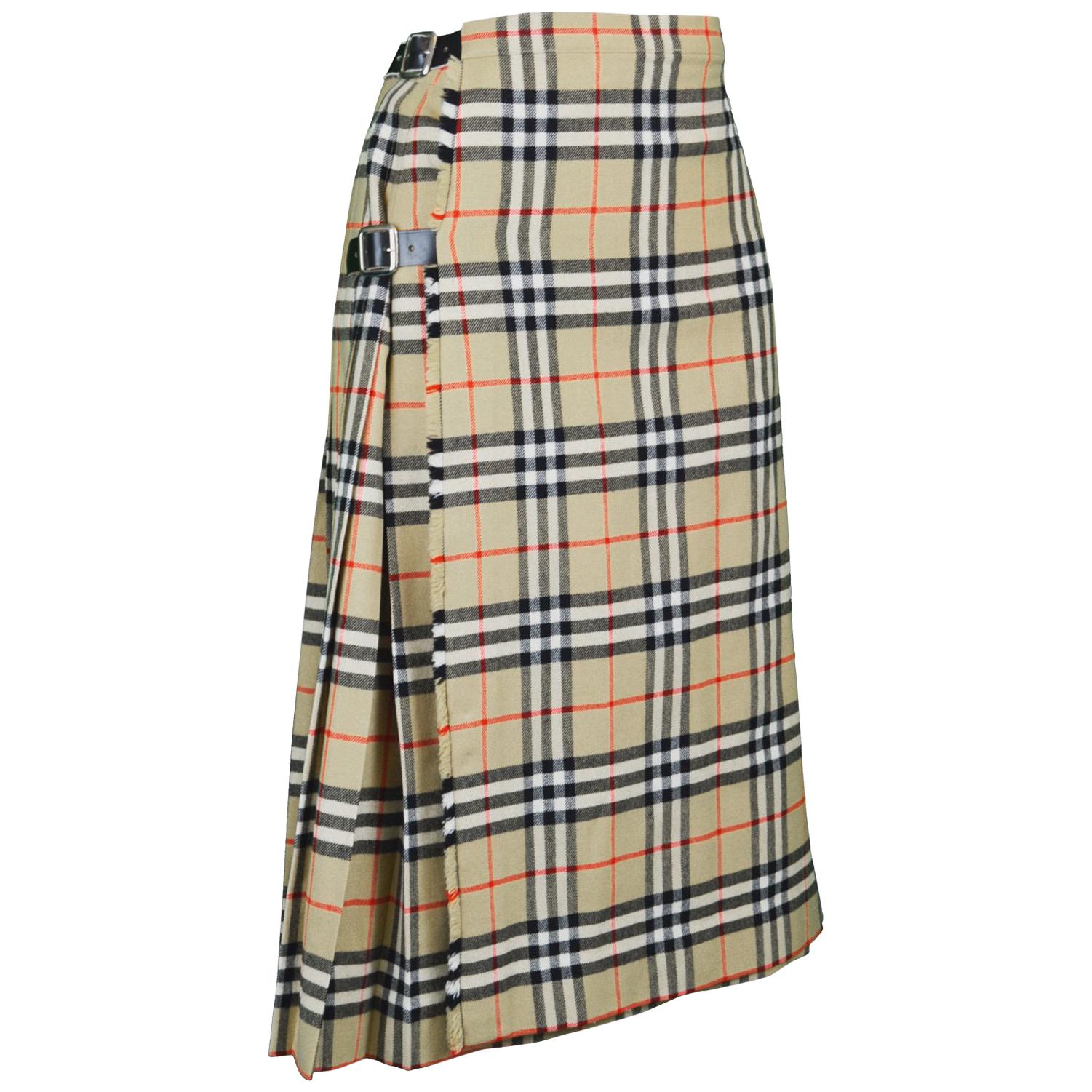 Burberry Vintage Women's 100% Wool Nova Check Tartan Kilt Skirt, 1980s
