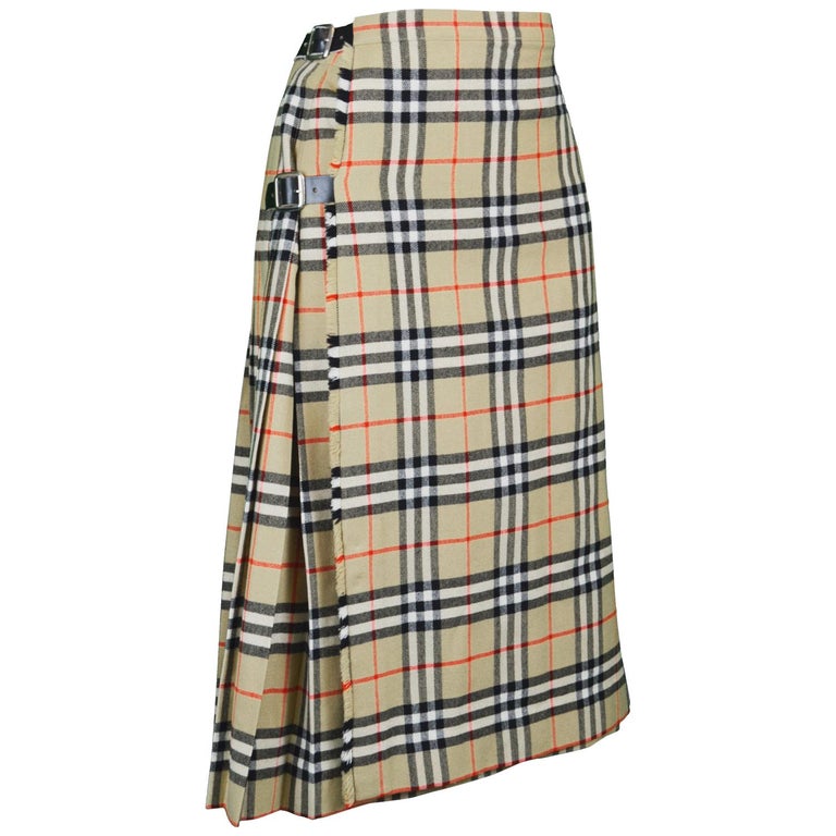 Burberry Vintage Women's 100 Wool Nova Check Tartan Kilt Skirt, 1980s