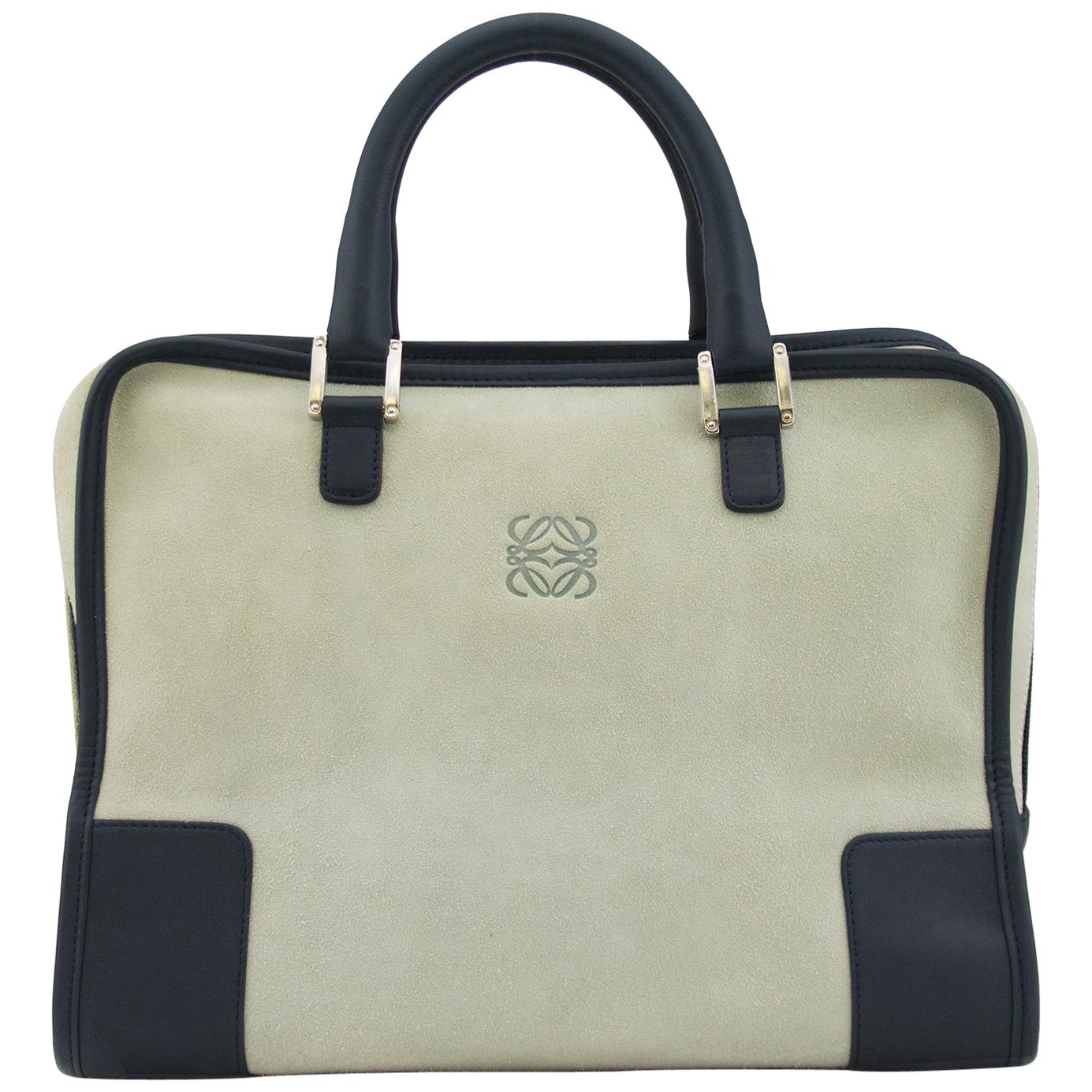 1975 Loewe Amazona Bag in Greige Suede and Navy Trim