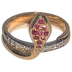 Art Deco 9ct Snake gold, ruby and diamond ring