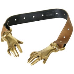 1970s Adjustable Leather Belt with Victorian Style Gilt Clasped Hands Buckle