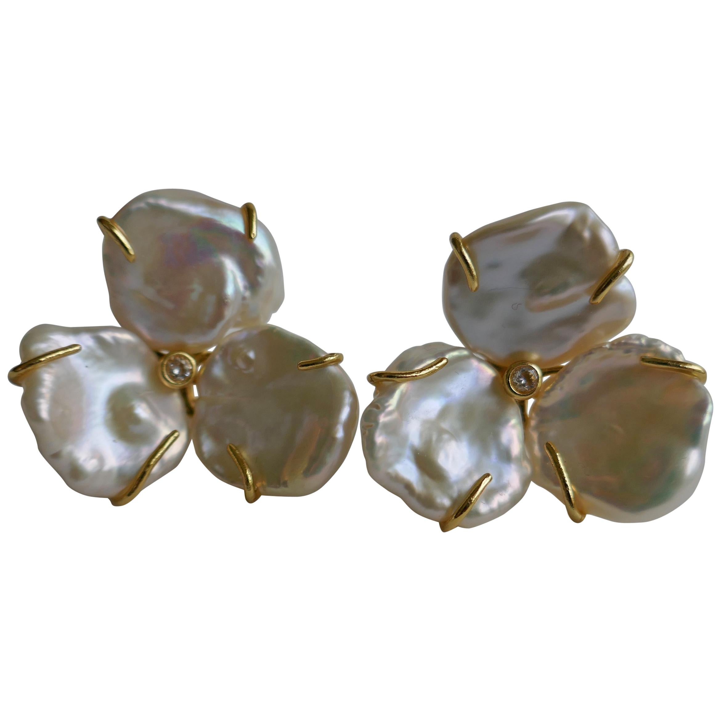 Cultured Keshi Pearls Flowers Earrings on 925 Vermeil Omega Clasp For Sale