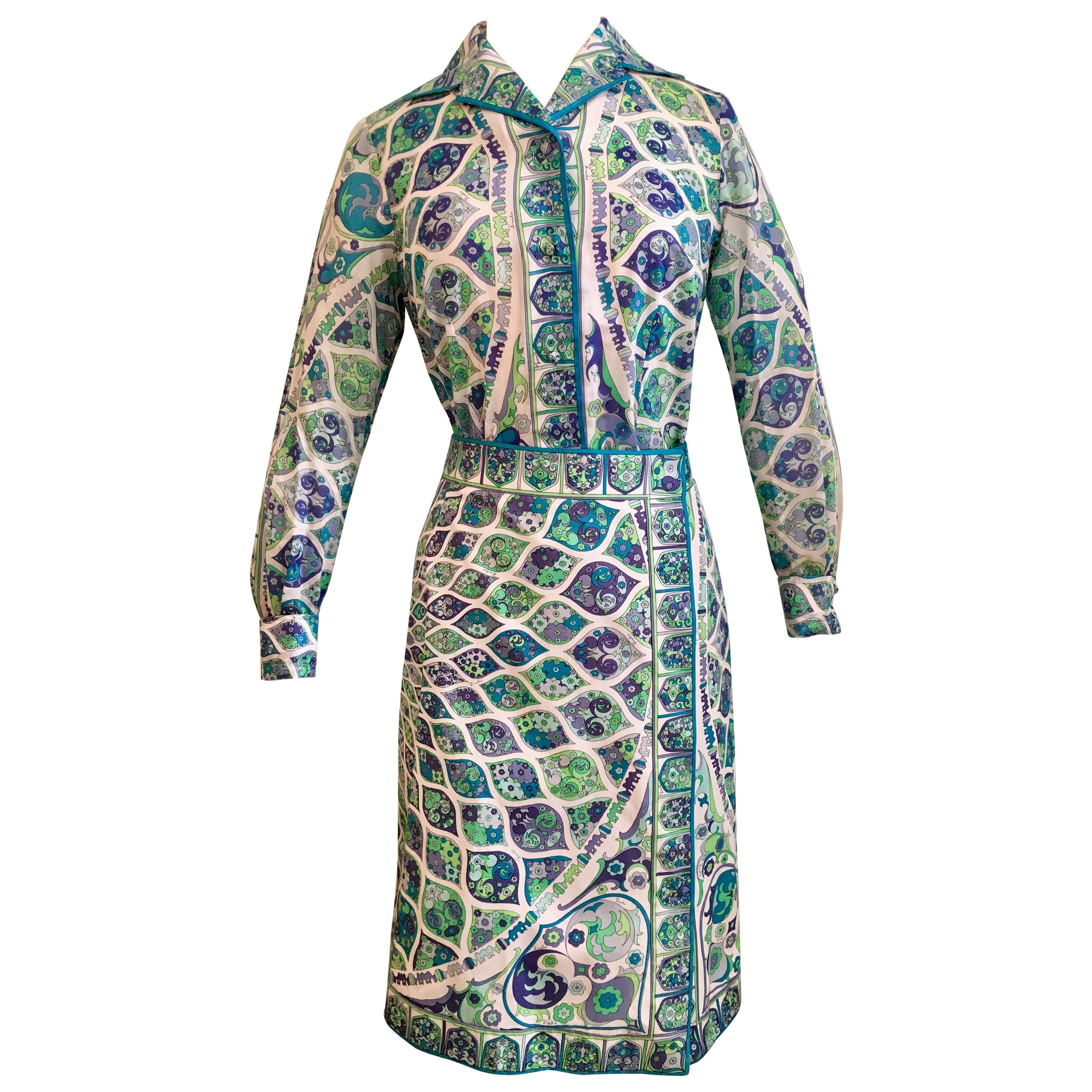 Emilio Pucci Green, Lavender, Blue and Purple Cotton Blouse and Skirt Set 1960s For Sale