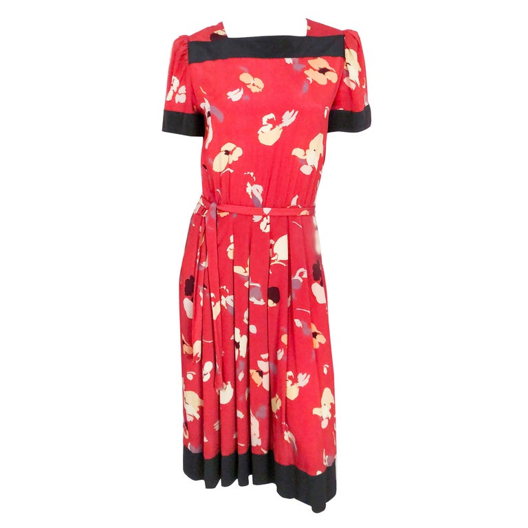 1980s Nipon Red Printed Dress With Impressionist Pattern For Sale at ...