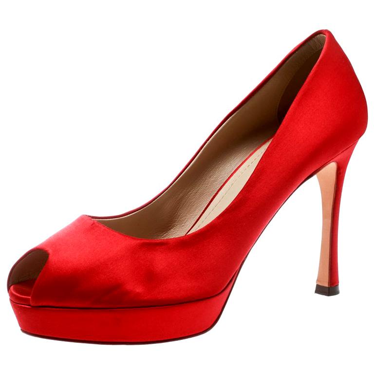 Saint Laurent Paris Red Satin Palais Peep Toe Platform Pumps Size 39.5